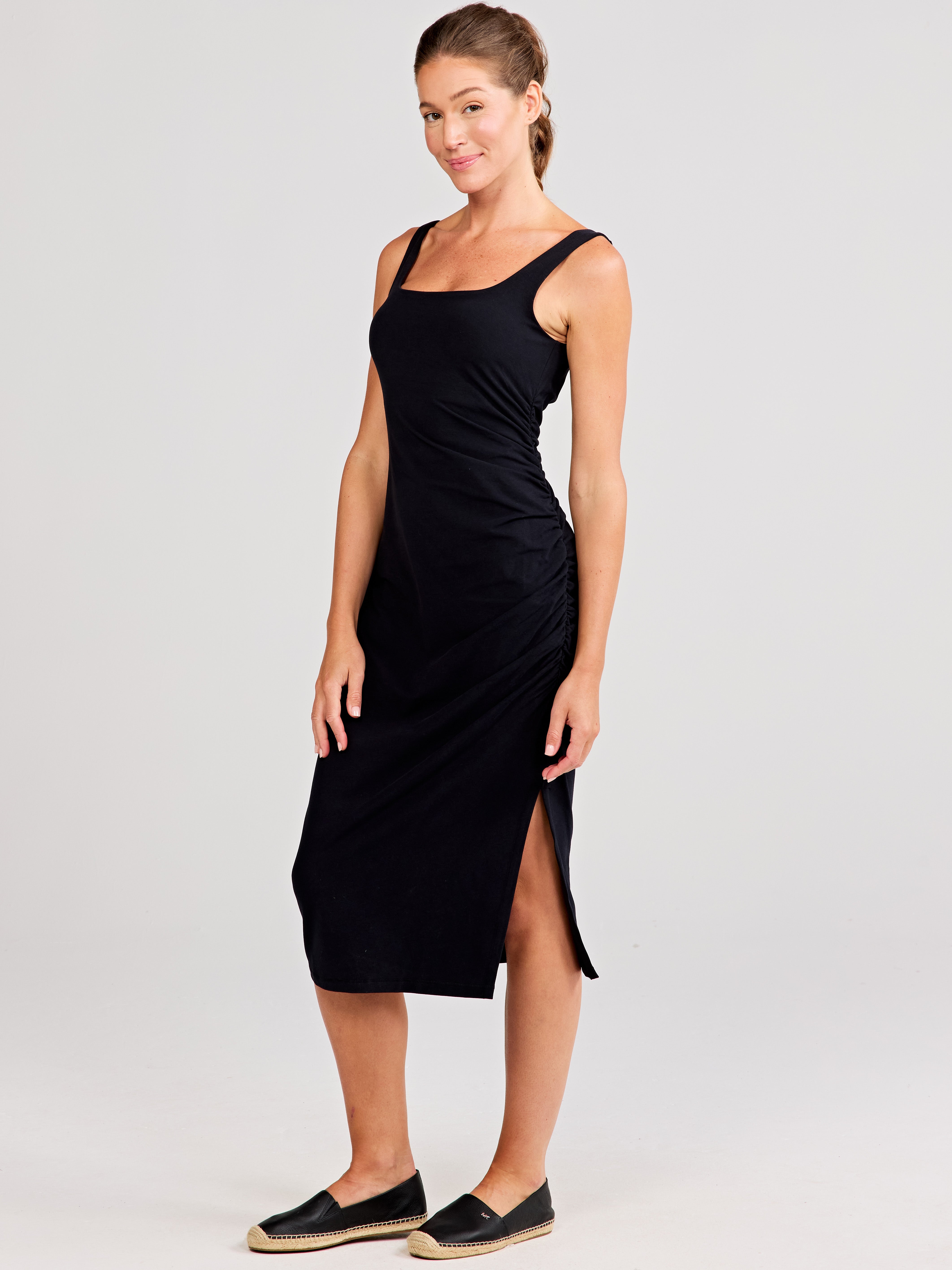 Uptown Luxe Ruched Midi Dress - tasc Performance (Black)