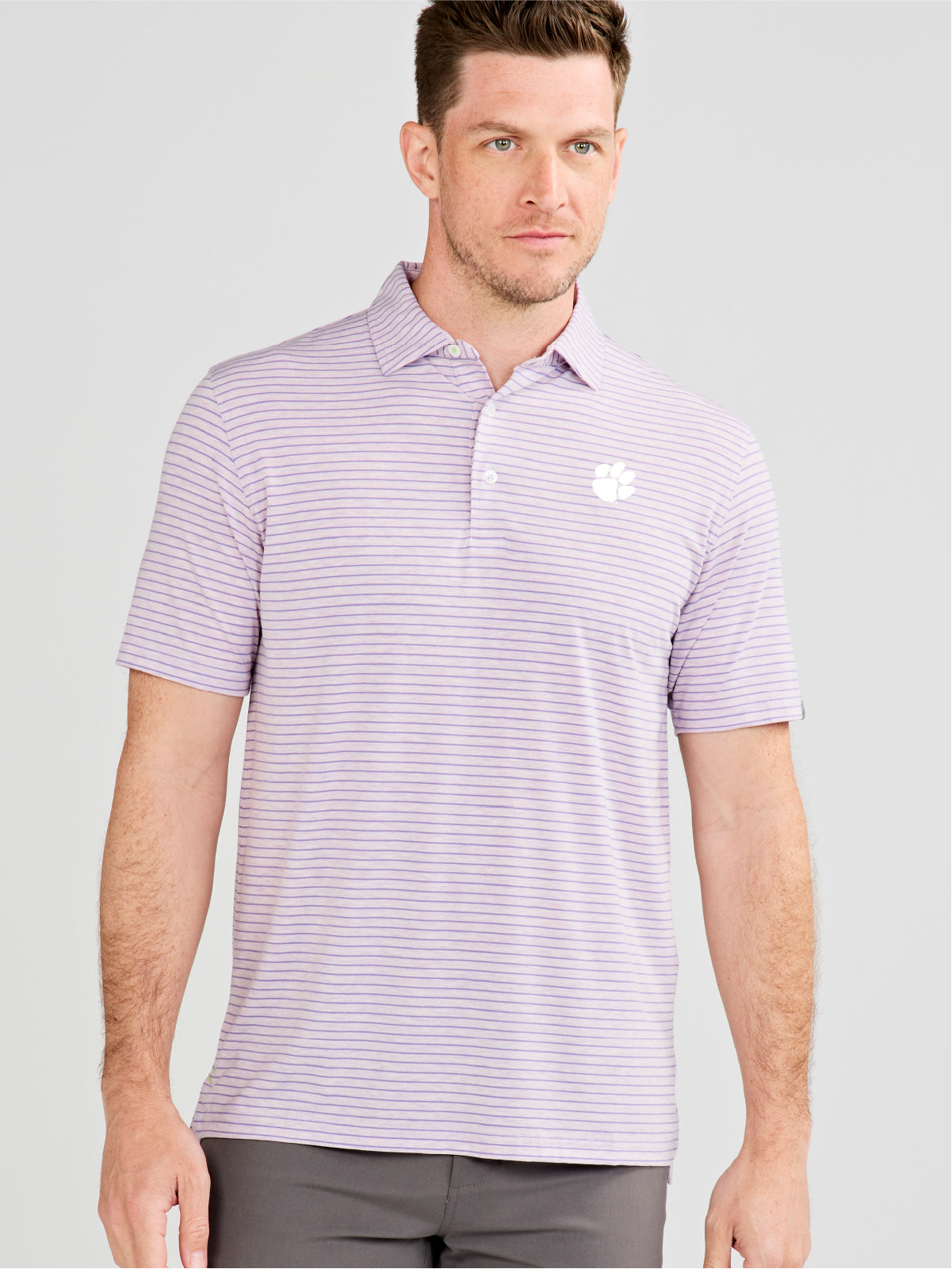 Cloud Polo - Brookline Stripe - Clemson - tasc Performance (LilacHeather/Violet)