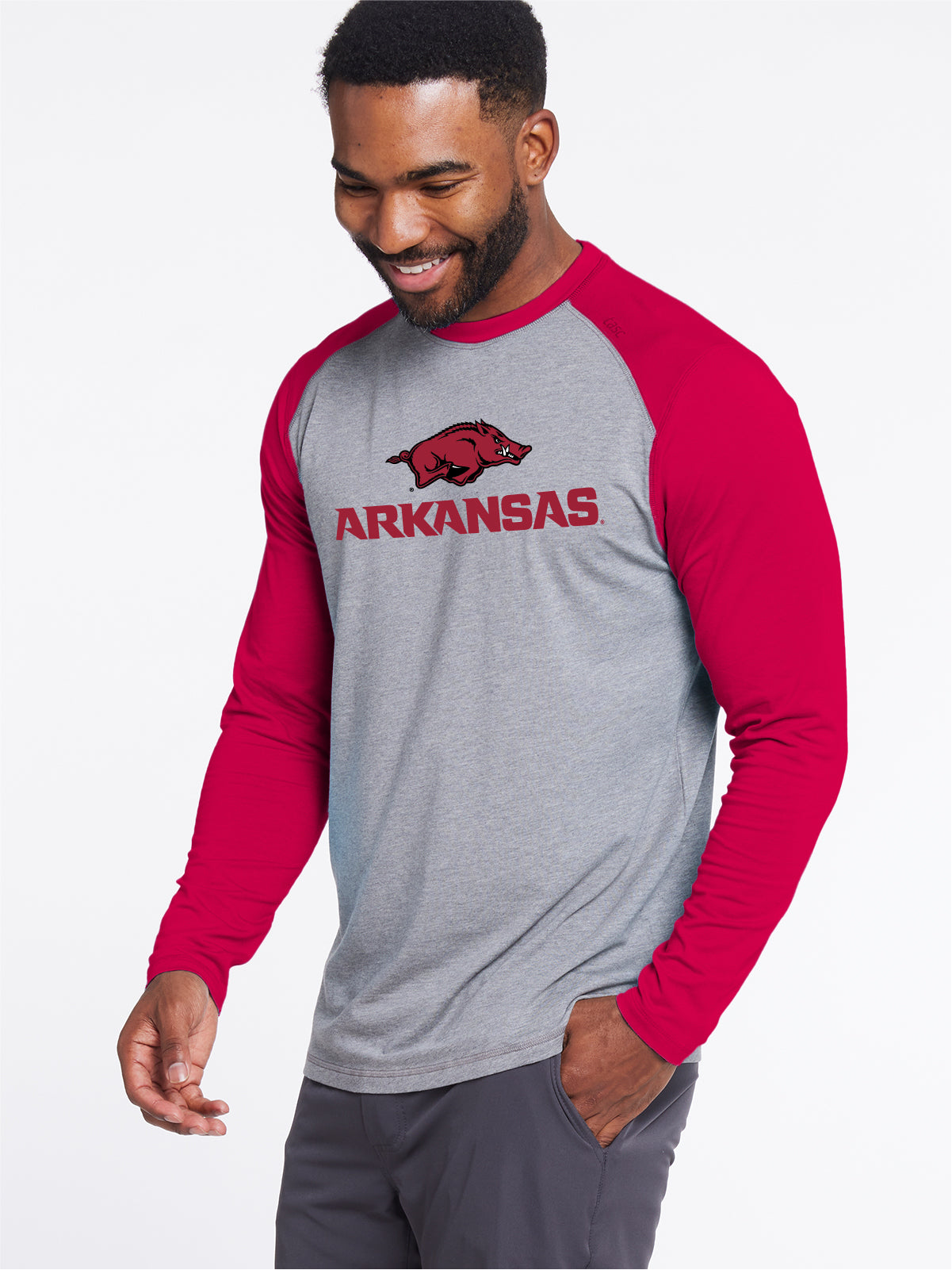 Carrollton Blocked Long Sleeve Fitness T-Shirt - Arkansas - tasc Performance (LightHeatherGray/CrimsonC)