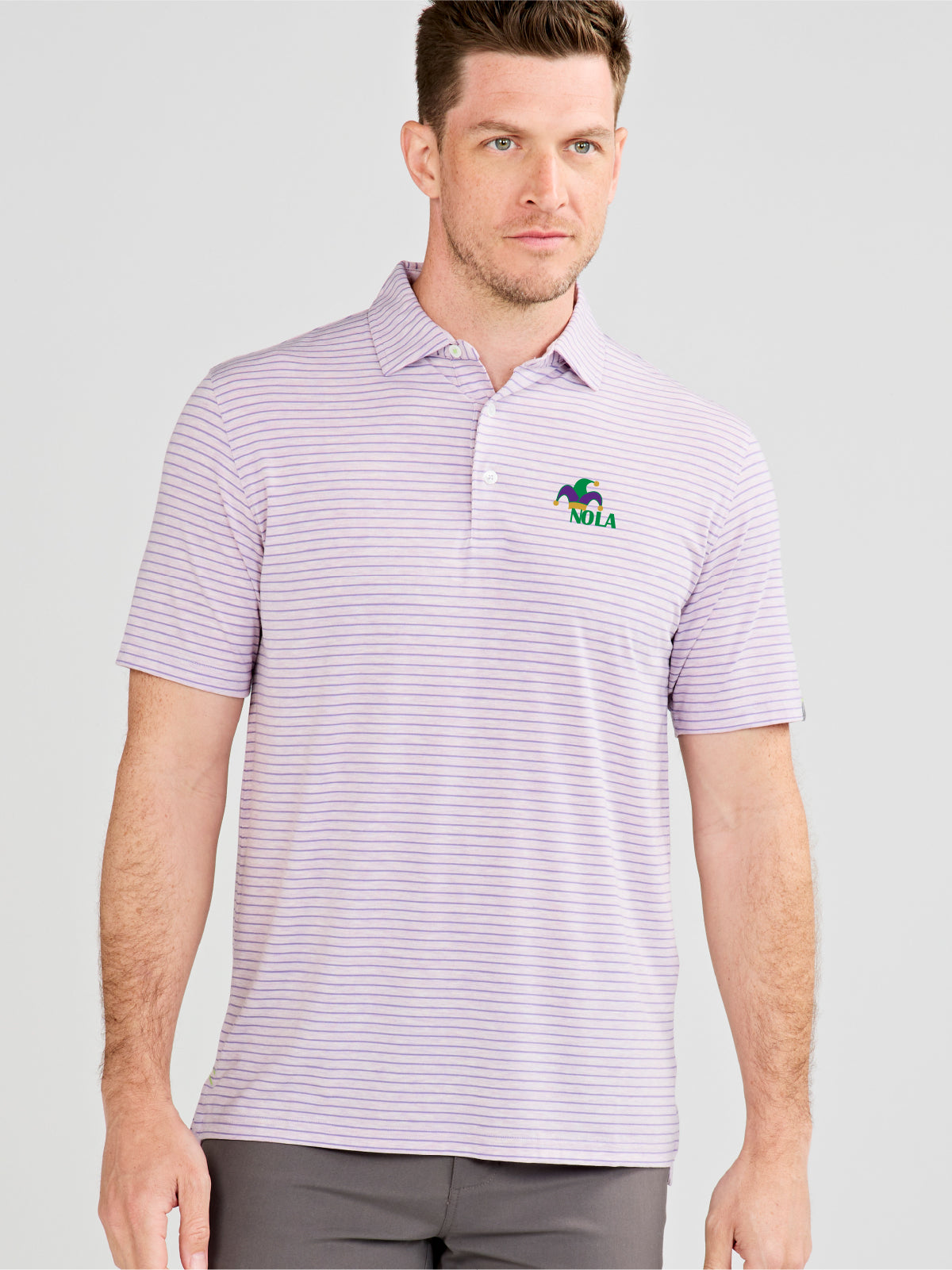 Cloud Performance Polo Stripe- Mardi Gras 2025 - tasc performance  (LilacHeather/Violet)